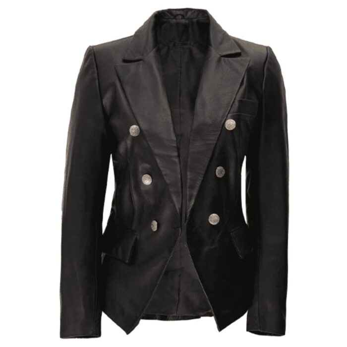 Kim Kardashian Double Breasted Black Leather Blazer