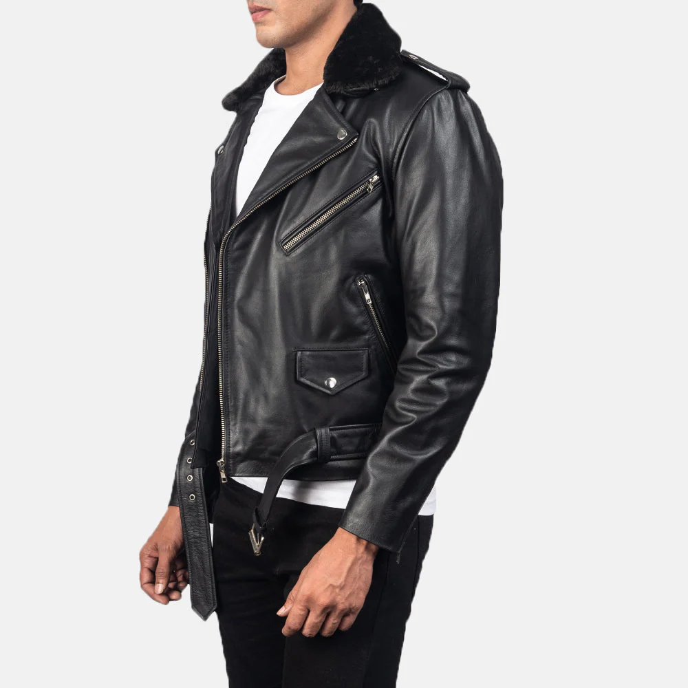Furton Black Leather Biker Jacket - Image 6