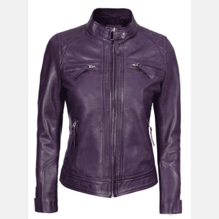 Women's Purple Leather Cafe Racer Jacket